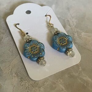 Blue and Gold Floral Earrings